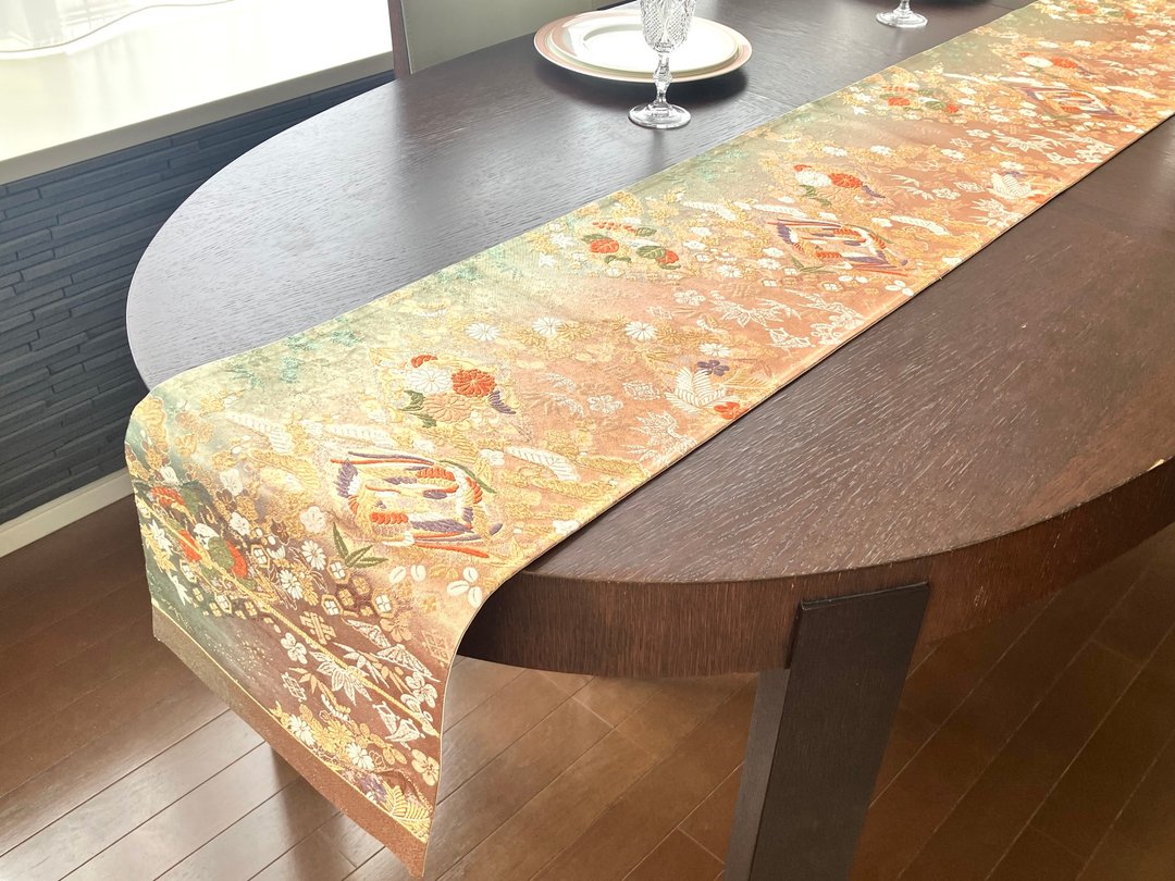 西阵织 唐织 和服腰带再制 桌旗 凤凰花文 松竹梅 渐层色 金银线 260cm 独一无二 NTR016 - 餐垫/桌巾 - 丝．绢 绿色