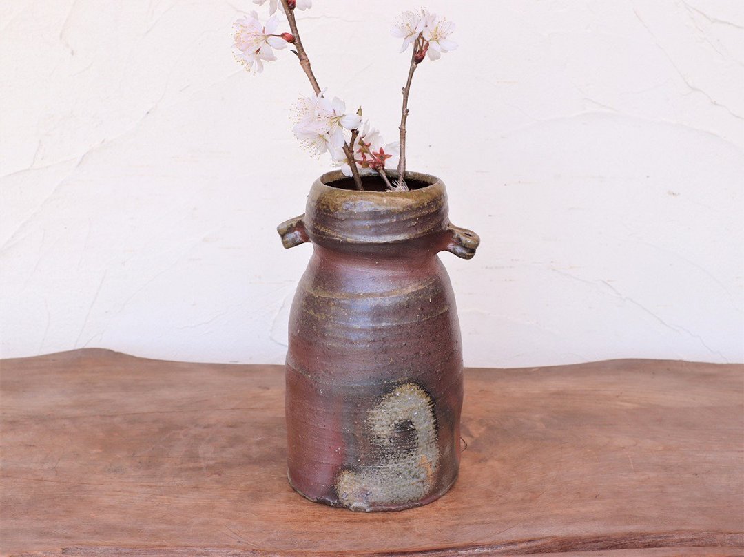备前烧 耳付花瓶 手作陶器 h1-023 (19.5cm) - 花瓶/陶器 - 陶 咖啡色