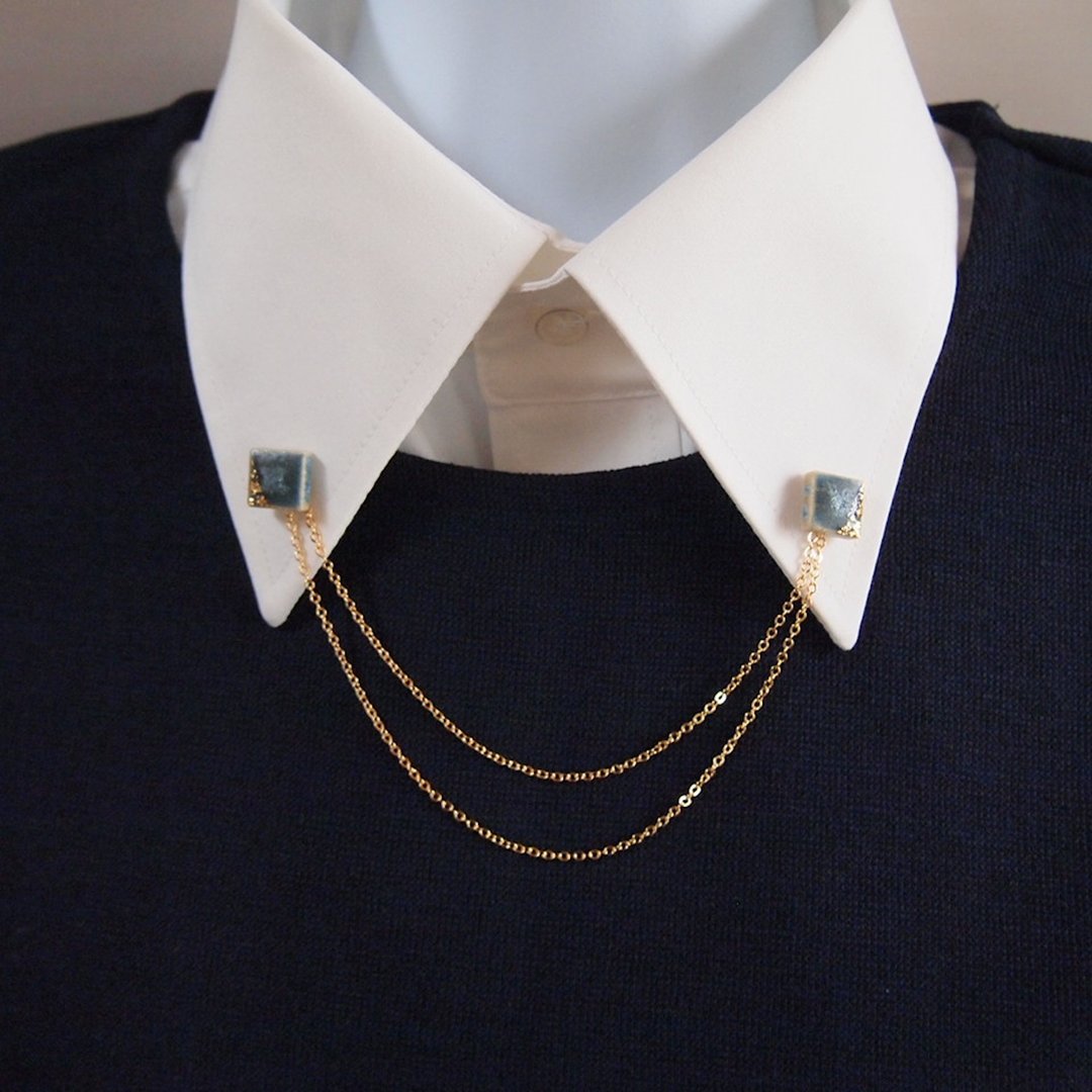 Mino Ware Square Collar Chain Brooch 3way (Blue Gray) - 胸针 - 瓷 蓝色