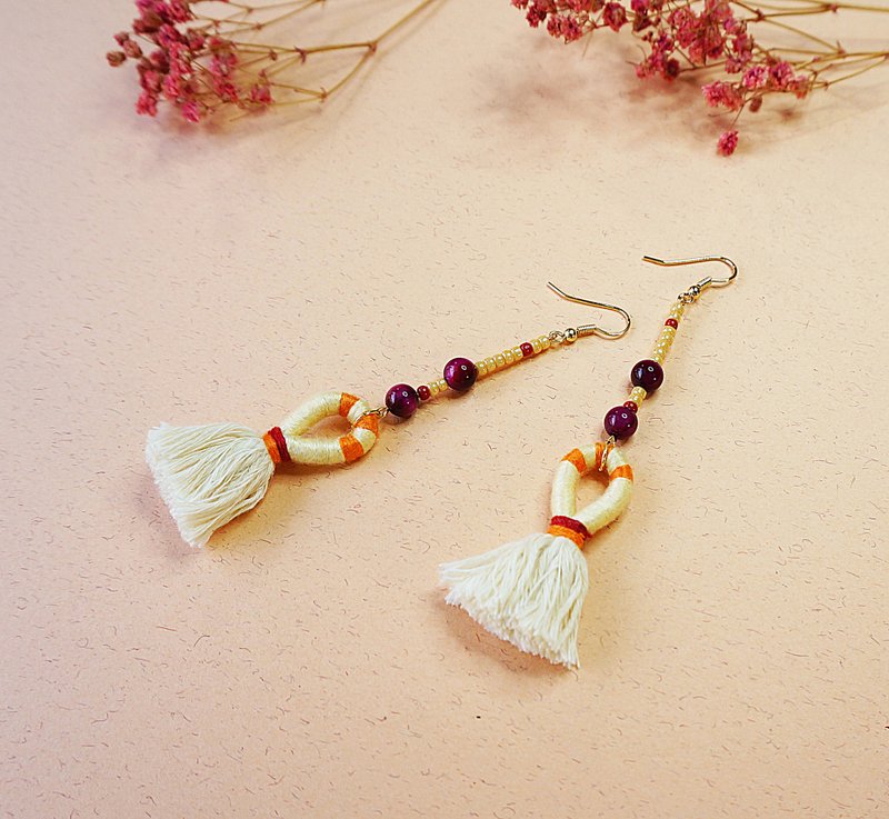 玉珠帘-长坠型虎眼石流苏耳环 - 耳环/耳夹 - 绣线 橘色