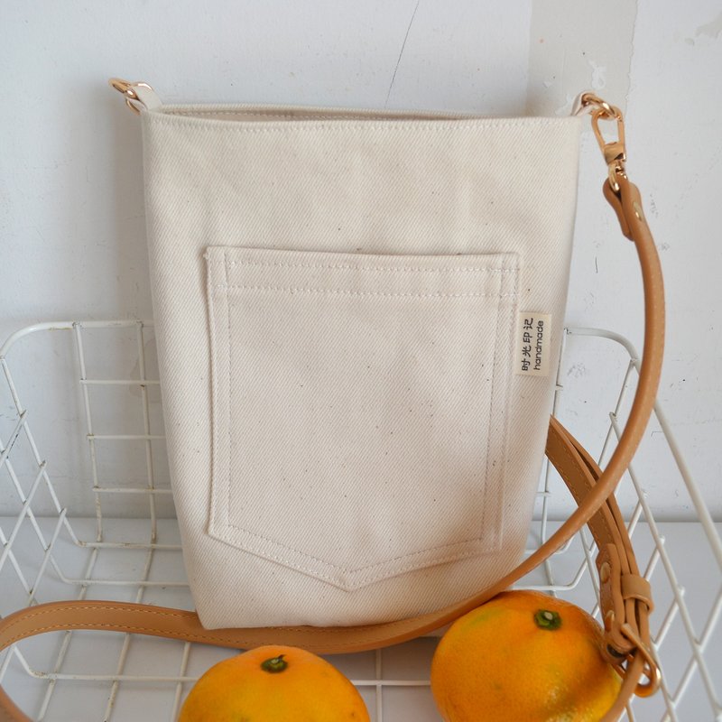 斜跨包 / 牛仔侧背包 / 女士斜挎包 / 斜跨帆布包 / 口袋 - 侧背包/斜挎包 - 棉．麻 白色
