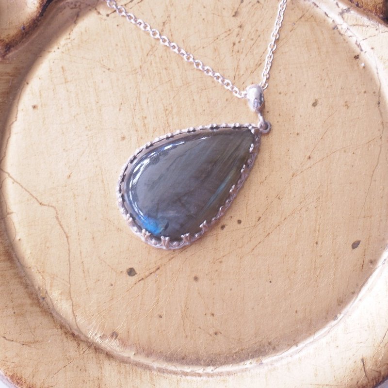 天然拉长石 手工纯银包镶 含银链 Labradorite handmade necklace - 项链 - 半宝石 