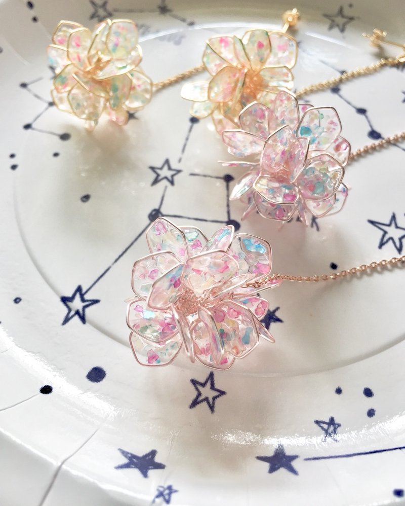 六角贝壳粉花球垂坠耳环耳/环/耳针/树脂 - 耳环/耳夹 - 树脂 粉红色