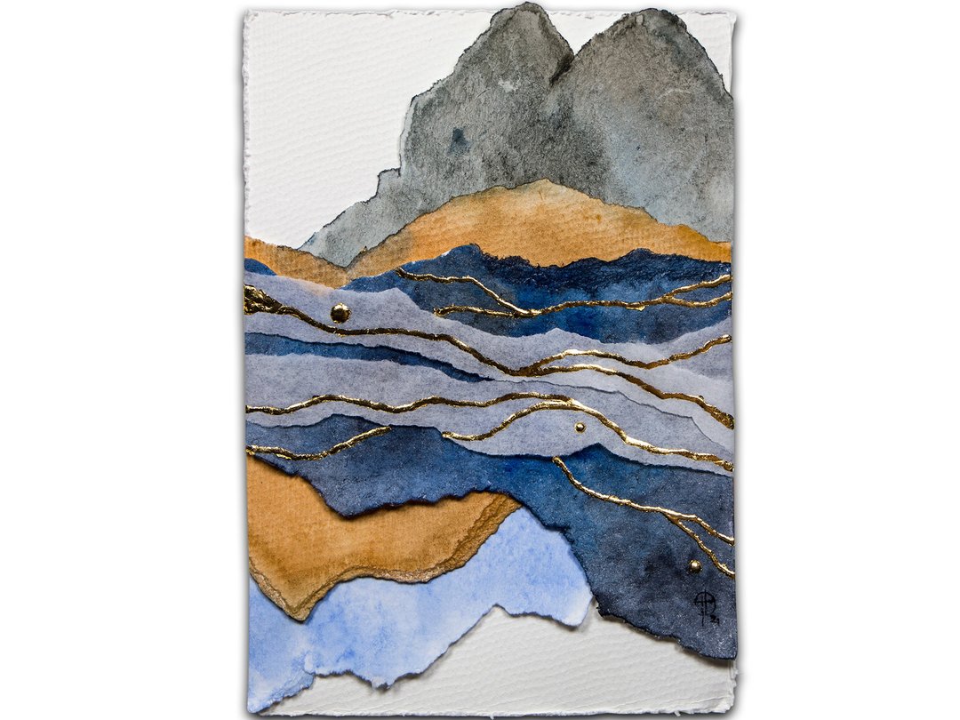 Abstract Landscape Painting Original Art Mixed-Media Artwork Collage Technique - 海报/装饰画/版画 - 纸 蓝色