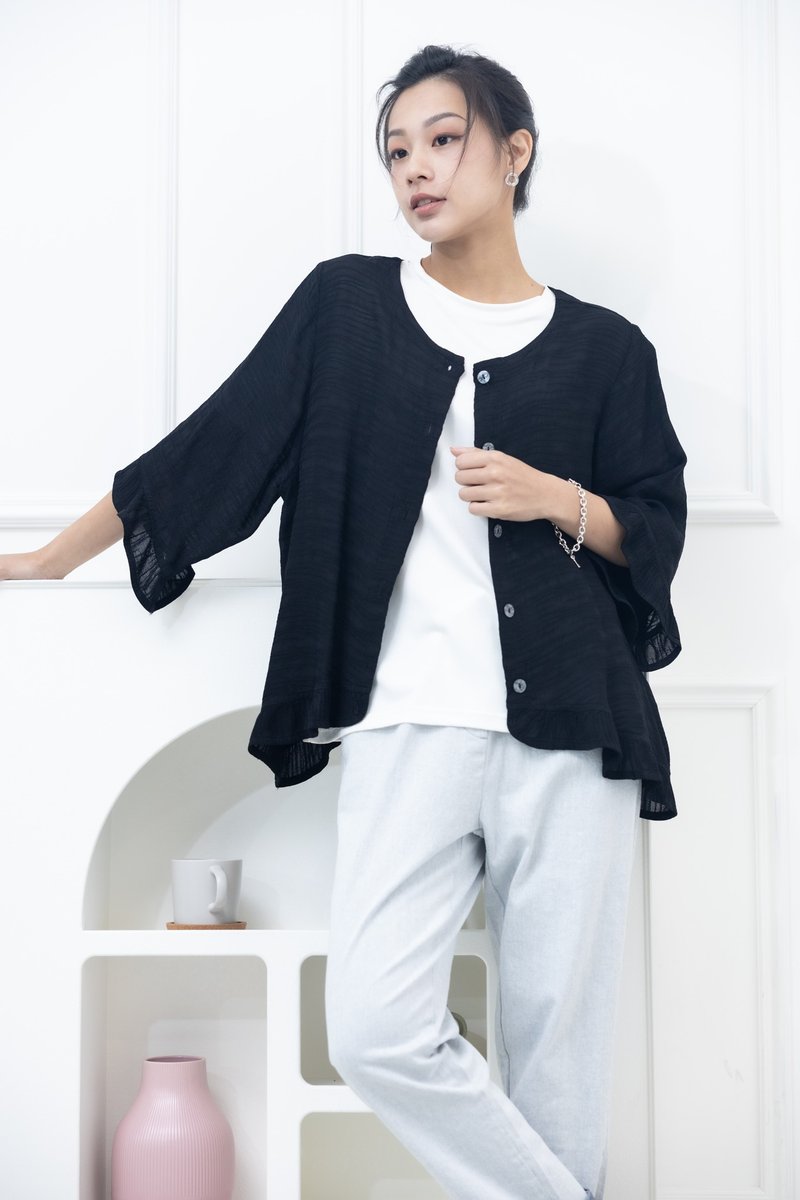 不规则横织晕染感七分荷叶袖外套 黑色 - 女装西装外套/风衣 - 其他材质 黑色