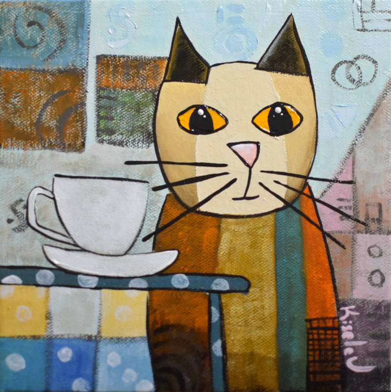 咖啡时光猫咪 原创手绘油画 无需装框 - 墙贴/壁贴 - 其他材质 