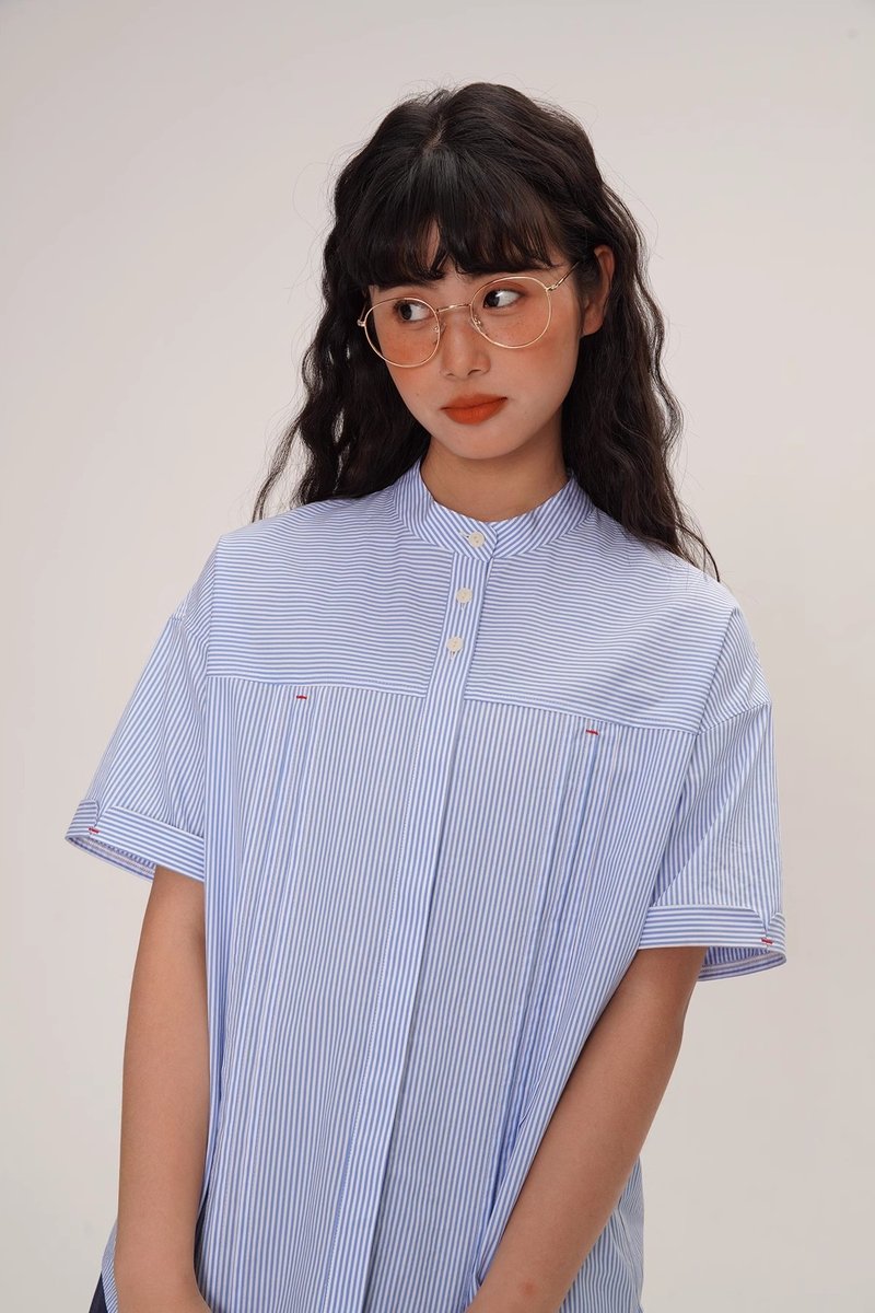 odd maker文艺短袖条纹立领衬衫女夏季薄款纯棉设计感宽松衬衣 - 女装衬衫 - 棉．麻 