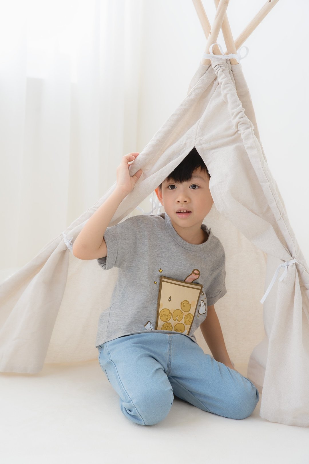 Kid-立体口袋 - 珍珠奶茶 T-shirt (灰色) - 童装上衣 - 棉 灰色