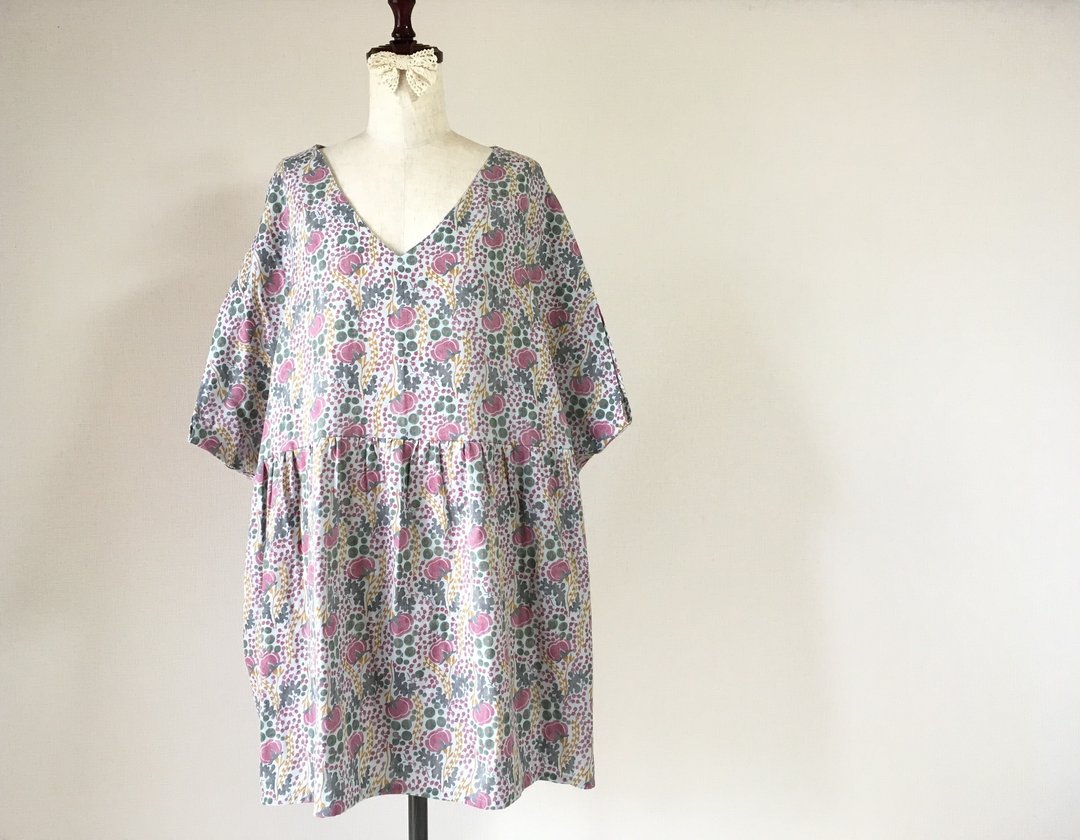 Botanical pattern tunic single piece Bordeaux - 洋装/连衣裙 - 棉 红色