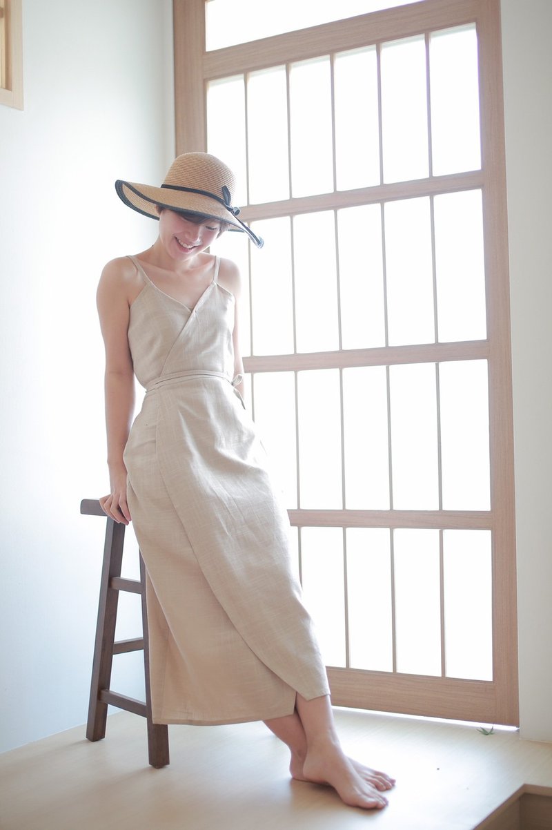 Hemp wrap dress - Latte - 洋装/连衣裙 - 其他材质 咖啡色