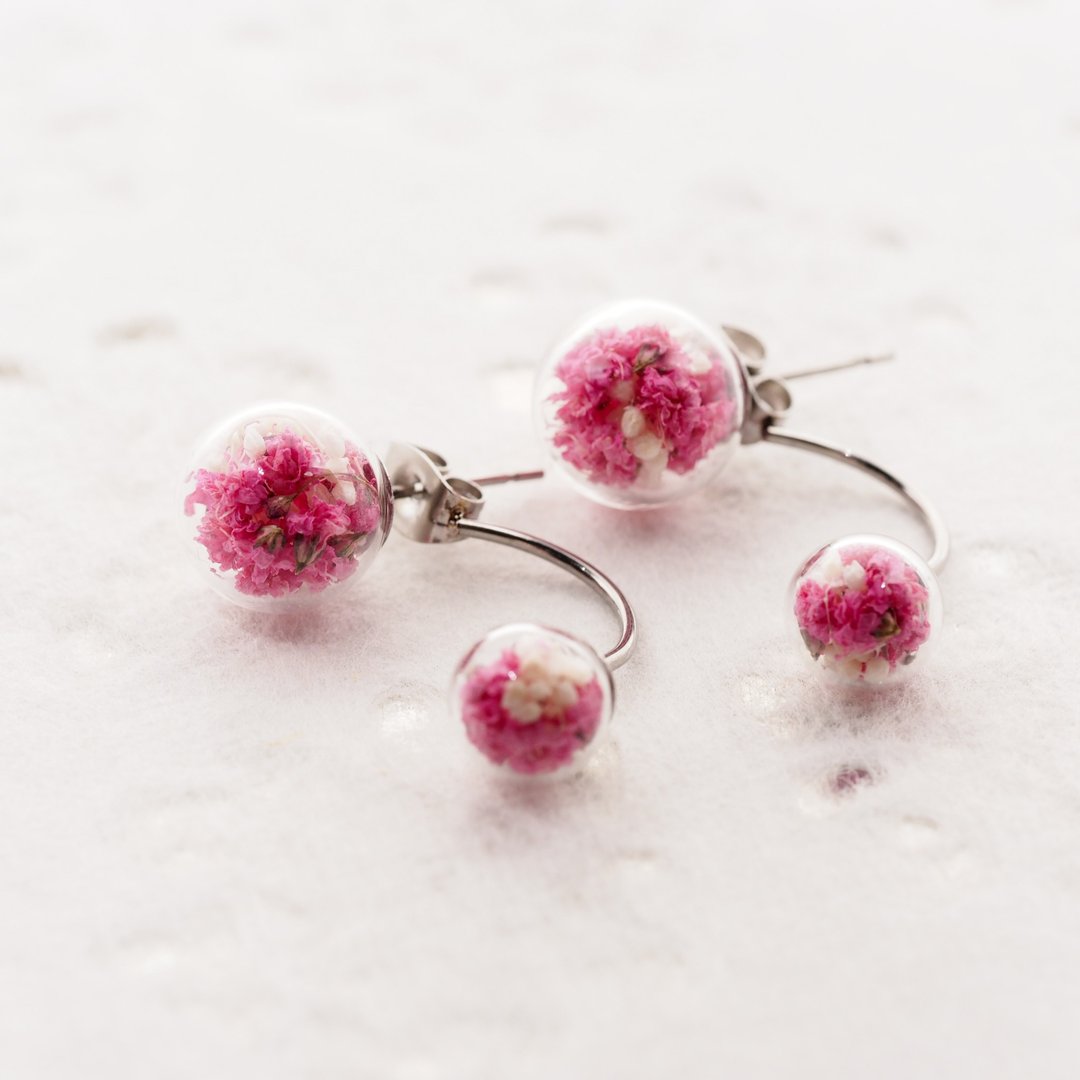 爱家作- OMYWAY DIY 干花  玻璃球 双球耳环 0.8cm + 1.1cm - 耳环/耳夹 - 玻璃 红色