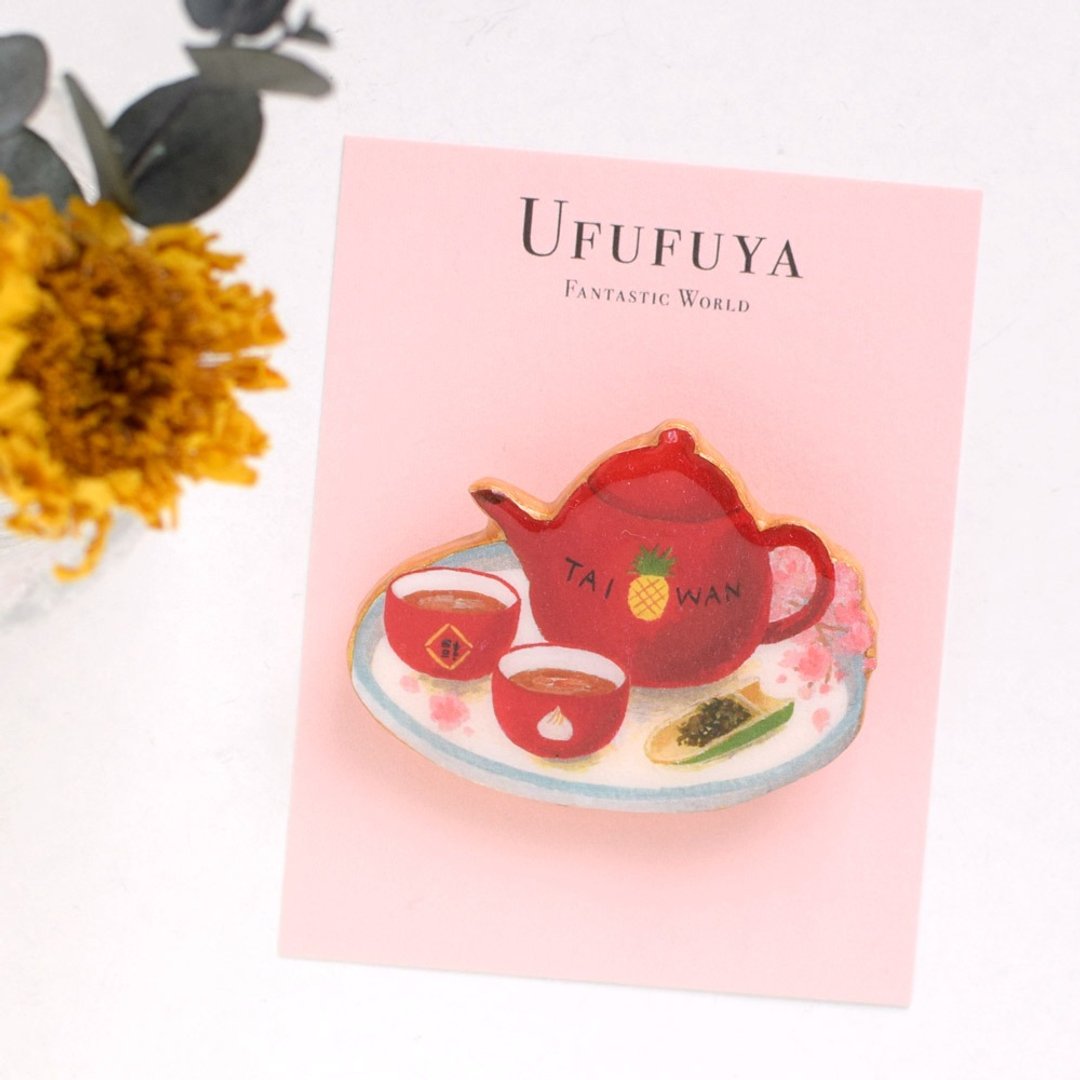 Taiwan tea set brooch, teapot teacup - 胸针 - 粘土 红色