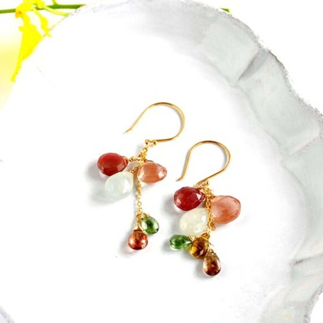 14kgf/andesine x lime green sapphire x multicolor tourmaline earrings - 耳环/耳夹 - 宝石 