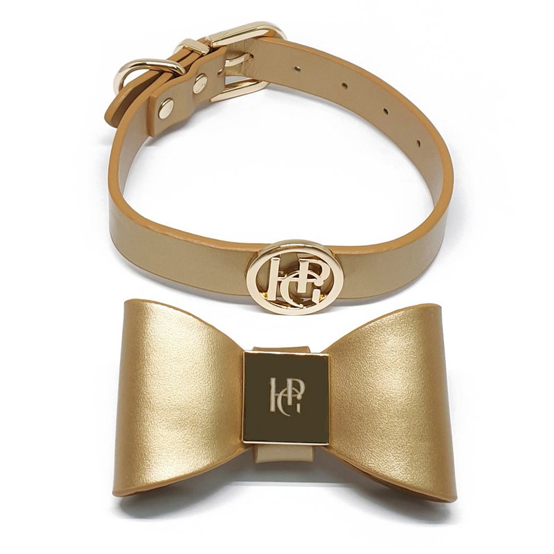 澳洲Happy Go Puppy 皮革蝴蝶结项圈-香槟金 - 项圈/牵绳 - 真皮 