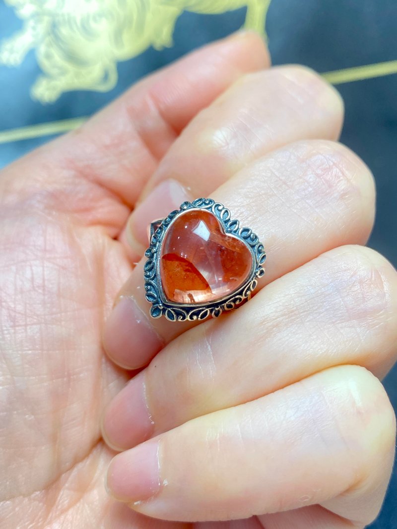 爱心形红胶花水晶复古925银活口戒指 - 戒指 - 水晶 红色