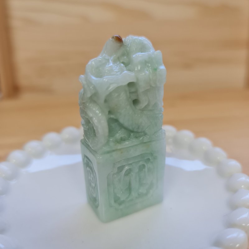 细糯老料果绿带红龙印 | 天然缅甸玉A货翡翠 - 印章/印台 - 玉石 