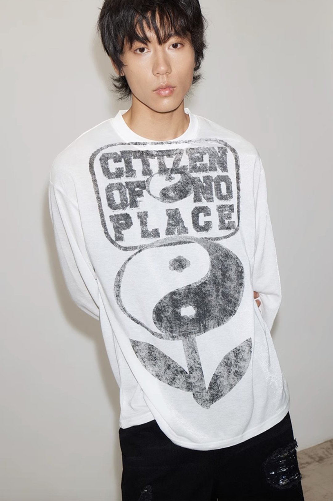 Taiji Silk T-shirt / 磨损太极花银丝长袖 - 中性连帽卫衣/T 恤 - 棉 白色