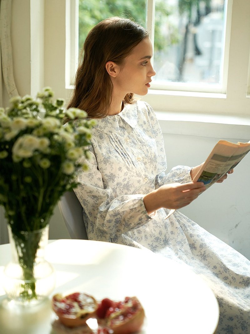 Mintcheese 法式古典 清新文艺雾霾蓝碎花彼得潘领连衣长裙 - 洋装/连衣裙 - 棉．麻 白色