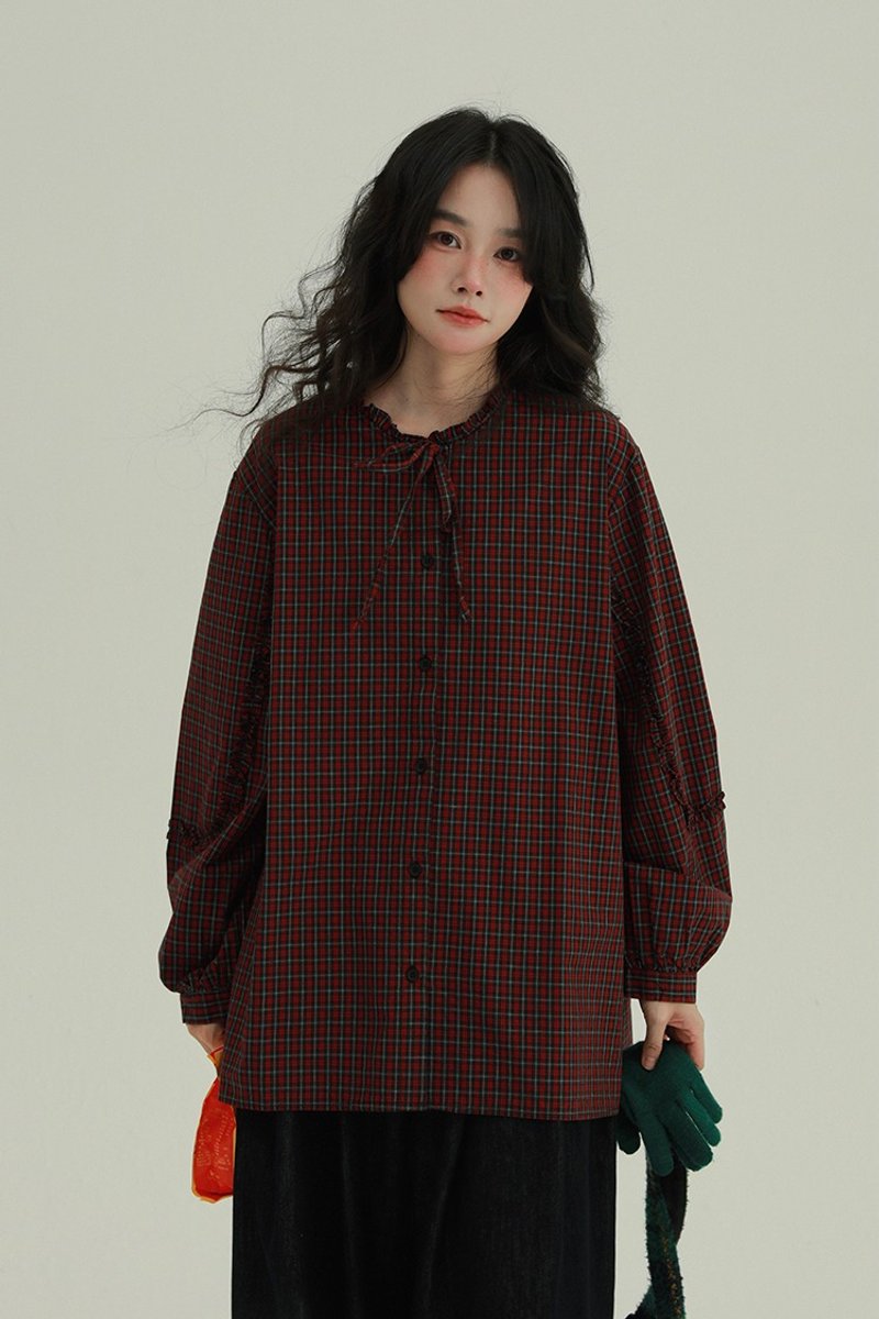 暗紅色格紋 花花卷邊領口格子襯衫 日系舒適簡約上衣襯衣 - 女装上衣 - 棉．麻 红色