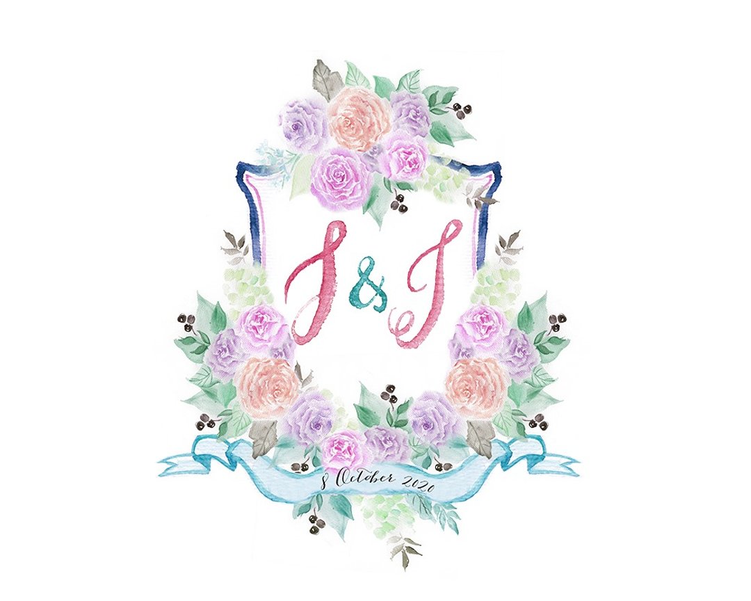 客制手绘水彩西式婚礼logo Wedding Crest 婚礼标志 电脑档  - 喜帖 - 纸 白色