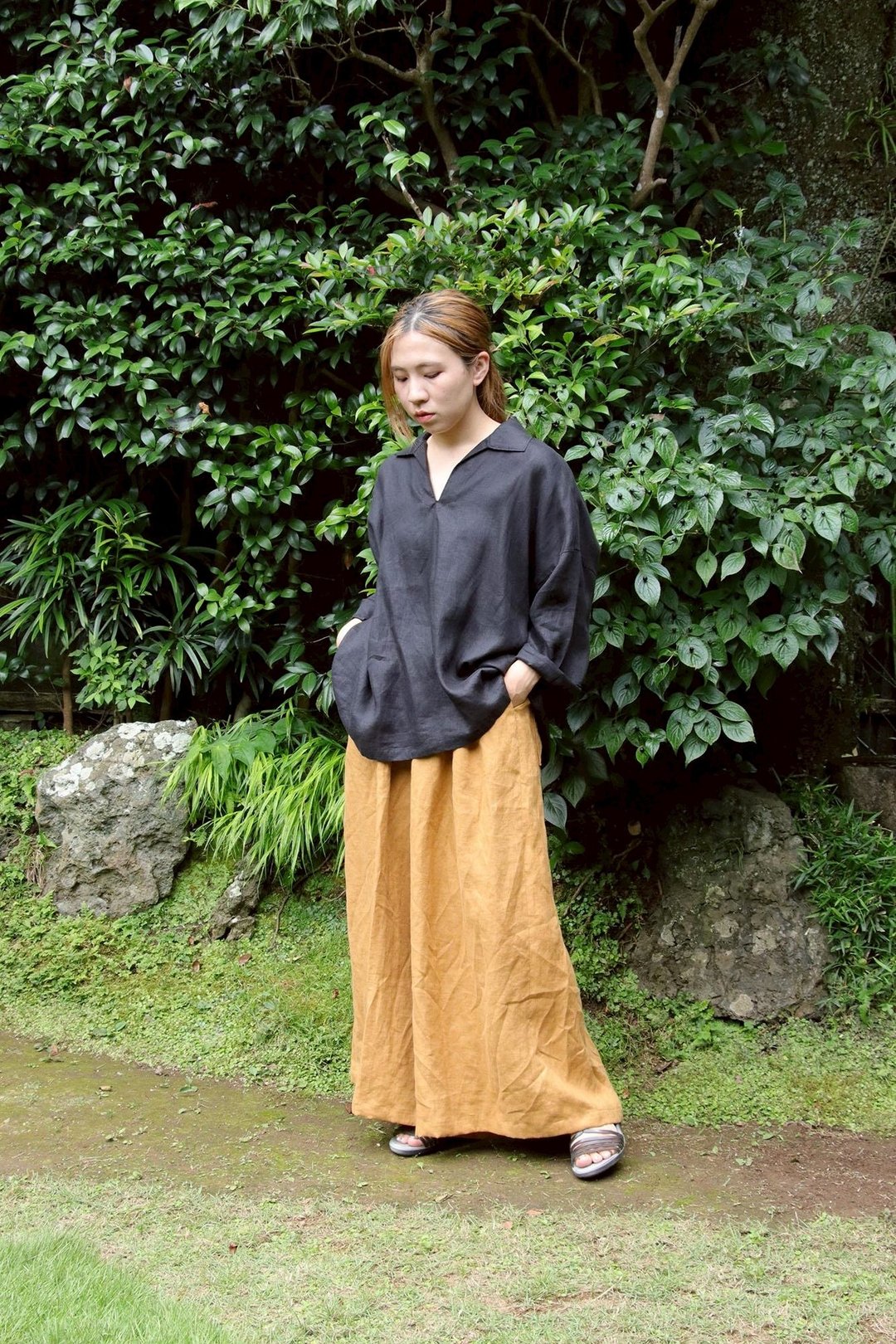亚麻裙裤 宽裤 (琥珀色) - 女装长裤 - 棉 黄色