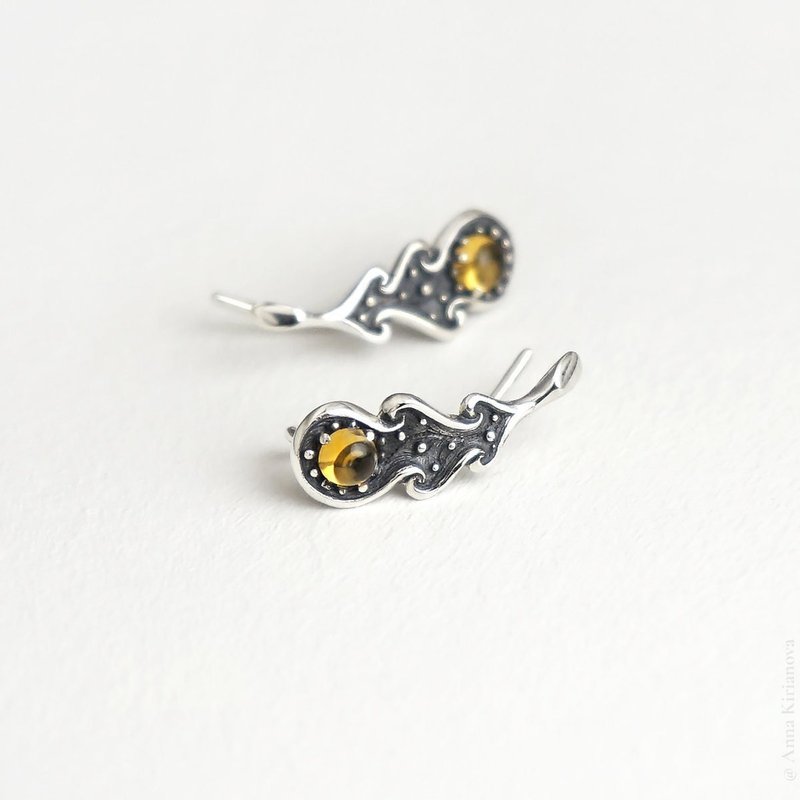 Oak Leaf Earrings with Citrine - 耳环/耳夹 - 纯银 银色
