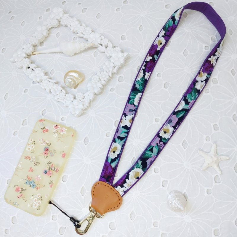 深紫色系Y型减压双色花布真皮手机颈挂绳 - 挂绳/吊绳 - 棉．麻 紫色