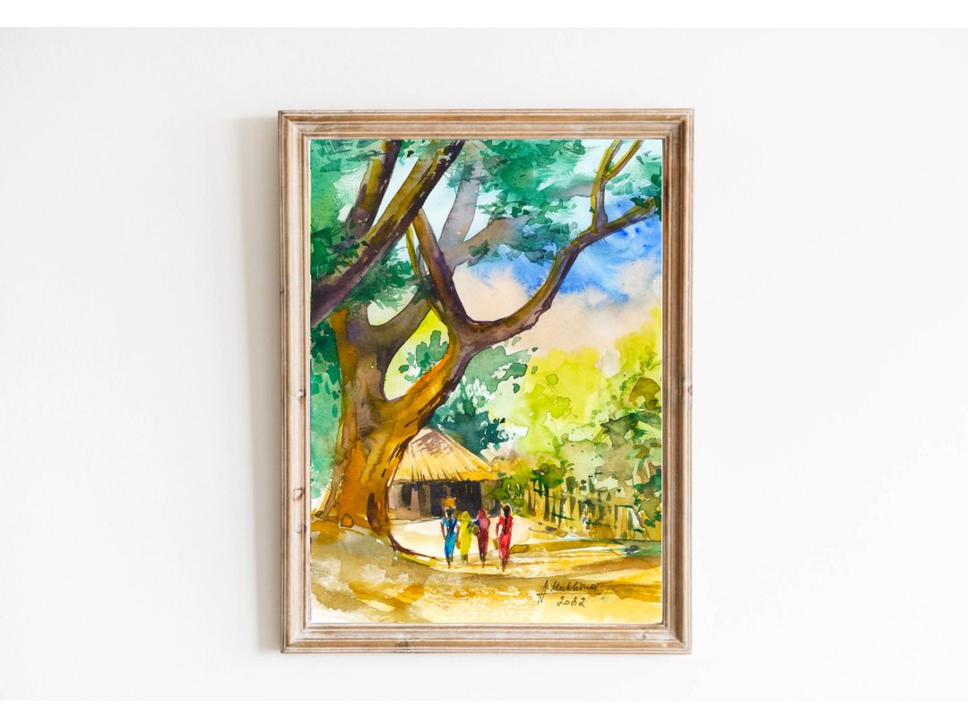 Indian art watercolor Indian village painting Rajasthani art by AnaMuStudio - 墙贴/壁贴 - 纸 绿色
