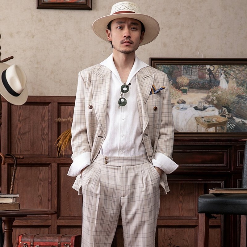 SOARIN轻薄枪驳领格纹休闲西装外套(2327XZ11) - 男装西装外套 - 其他材质 白色