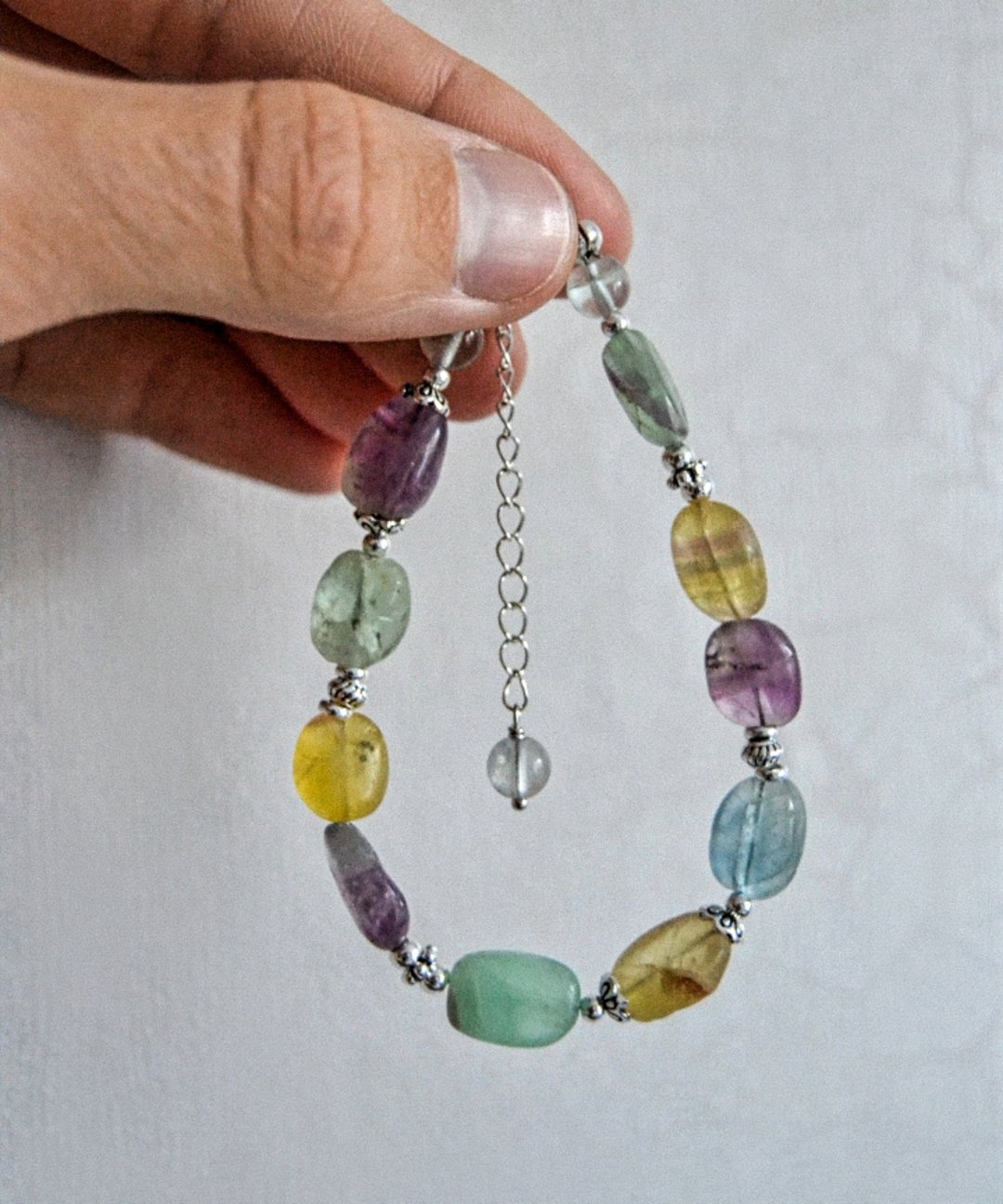 Exclusive Natural Fluorite Hand Beads Bracelet with Silver Woman Jewelry - 手链/手环 - 宝石 多色