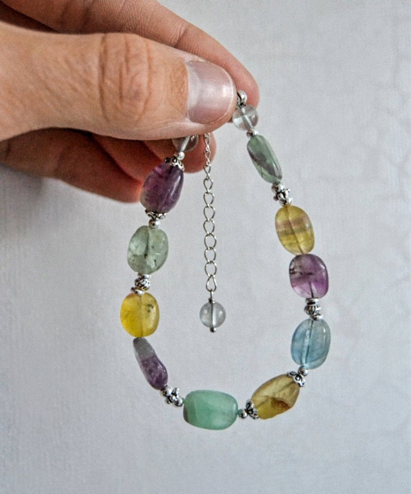 Exclusive Natural Fluorite Hand Beads Bracelet with Silver Woman Jewelry - 手链/手环 - 宝石 多色