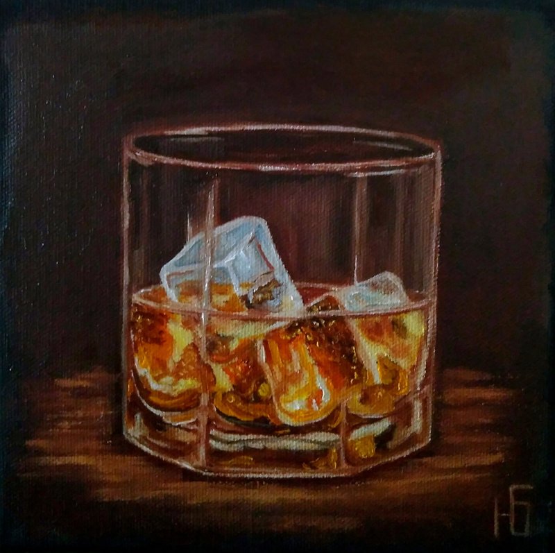 Ice Whiskey Painting, Glass of Bourbon Original Wall Art, Kitchen Decor. 手工油畫 - 海报/装饰画/版画 - 其他材质 多色