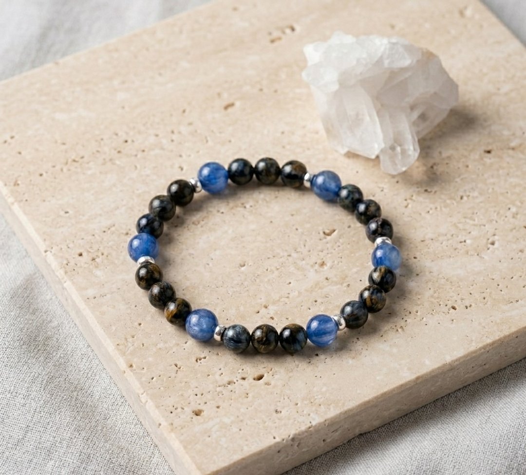 Ops Pietersite silver bracelet -彼得石/925 纯银/蓝晶石/弹性 - 手链/手环 - 宝石 咖啡色