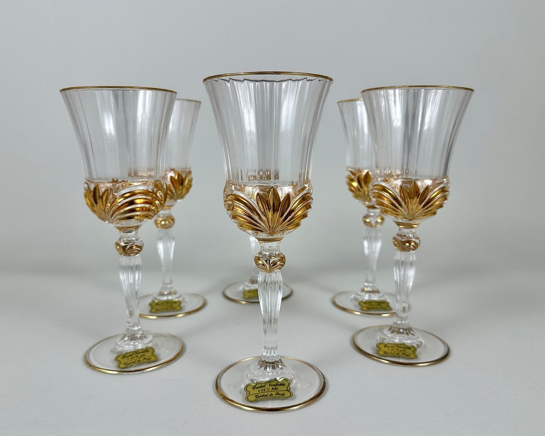 复古水晶酒杯 镀金 6 件 Cristal de Paris 全新 盒装 - 酒杯/酒器 - 水晶 透明