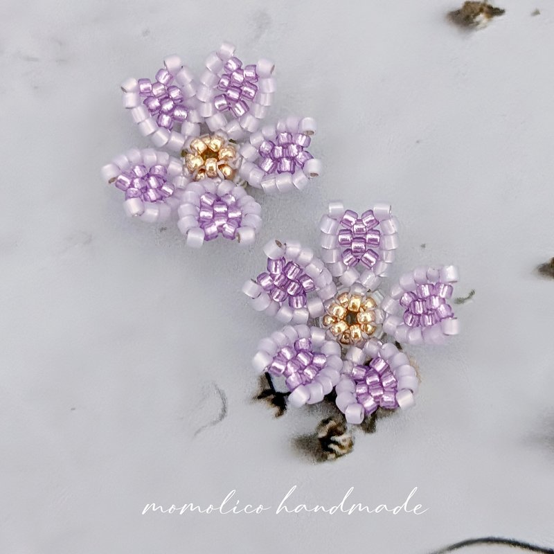 钩针 串珠 编织  樱花 耳环 - 耳环/耳夹 - 其他材质 紫色