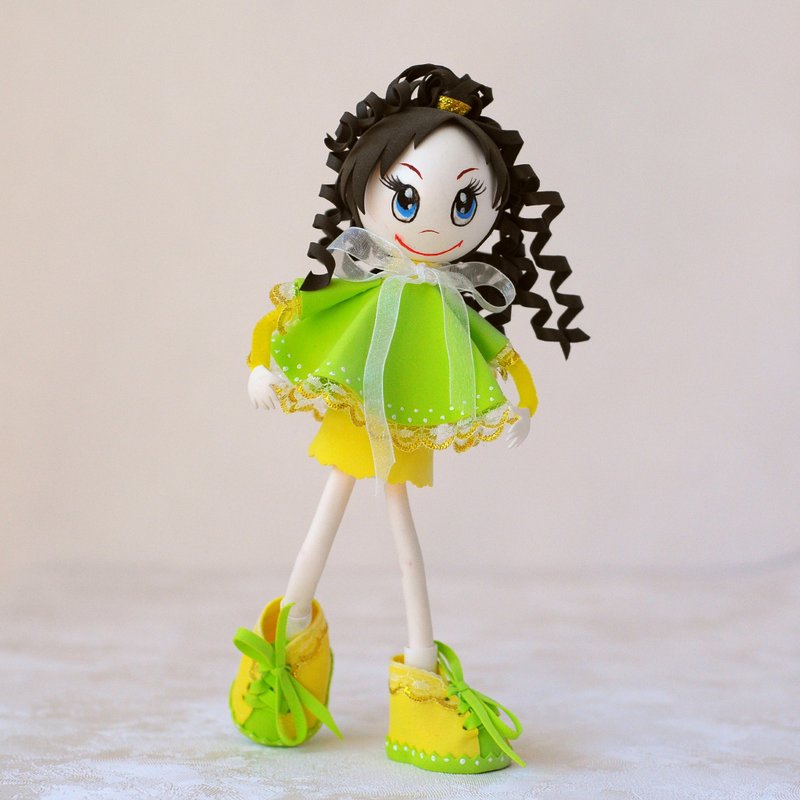 Handmade little doll with curly hair fun gift. Interior doll. Unique art doll. - 玩偶/公仔 - 其他材质 多色