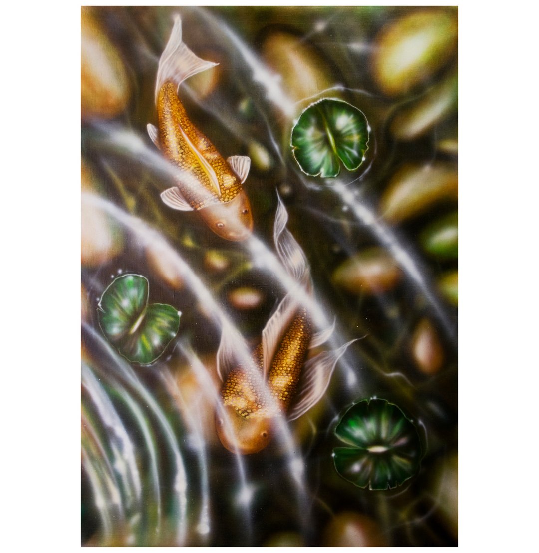 锦鲤画睡莲原画莲花油画布莲花画池塘艺术金鱼画 - 海报/装饰画/版画 - 棉 绿色