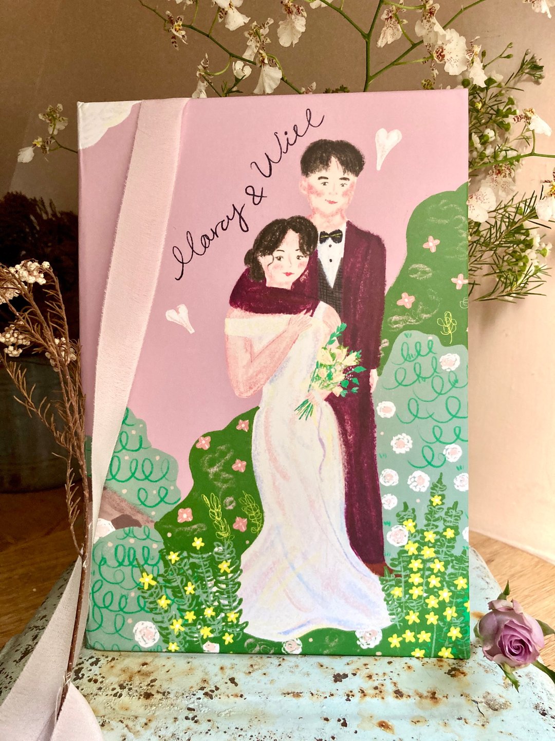 Chichi 定制化全身婚纱似颜绘/含插画背景/可加购书约夹 - 婚礼誓言书 - 纸 粉红色