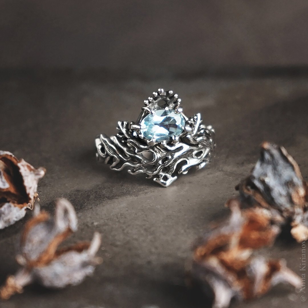 Mermaid Engagement Ring with Sky Blue Topaz, Sea Plants and Edwardian Style - 戒指 - 纯银 银色