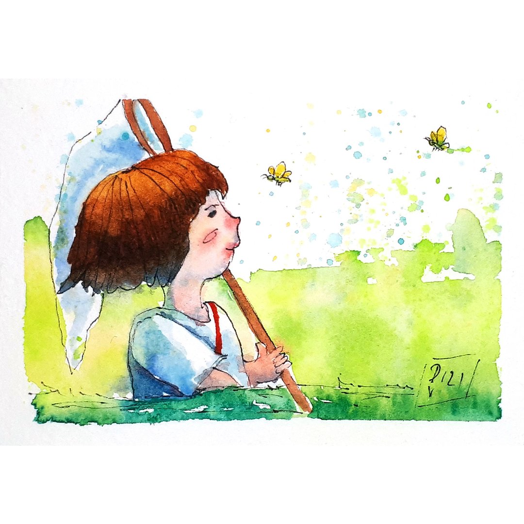 Boy Painting Butterfly ACEO Original Art Watercolor Child Butterfly Catcher Art - 海报/装饰画/版画 - 纸 多色
