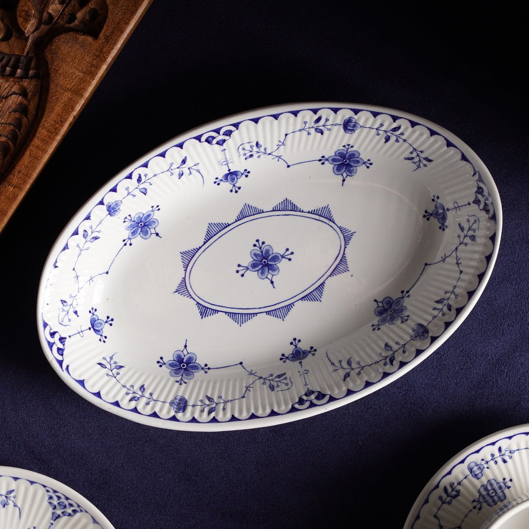 英国Furnivals着名'丹麦蓝'百年唐草古董椭圆盘/Denmark Blue - 盘子/餐盘/盘架 - 瓷 蓝色