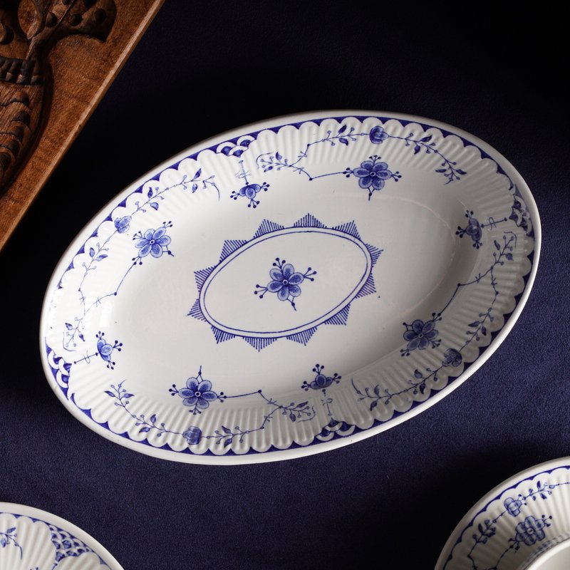 英国Furnivals着名'丹麦蓝'百年唐草古董椭圆盘/Denmark Blue - 盘子/餐盘/盘架 - 瓷 蓝色