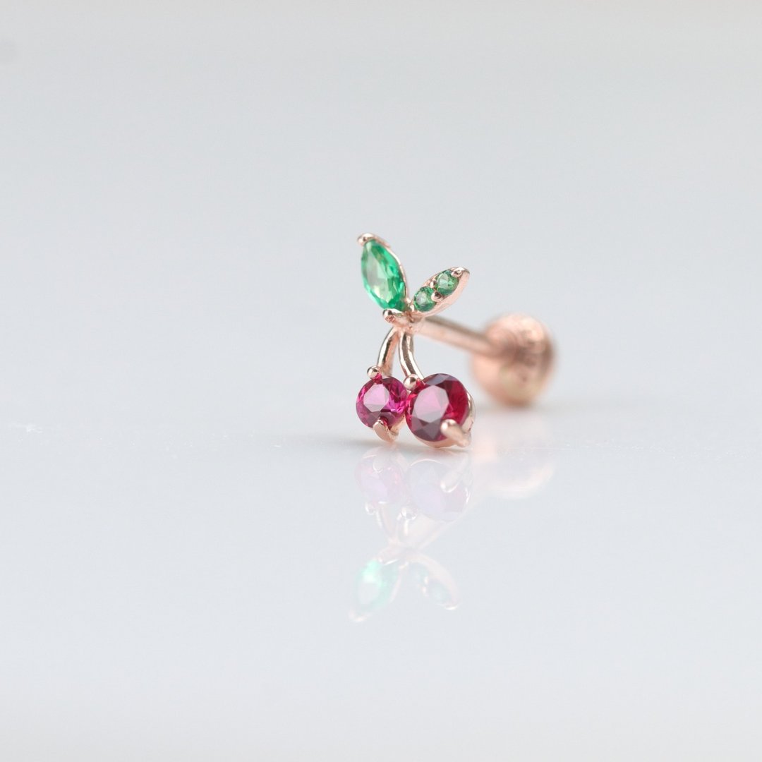 14K Cherry Piercing 樱桃锁珠耳环(单个)耳骨 耳窝 不退色 - 耳环/耳夹 - 贵金属 金色