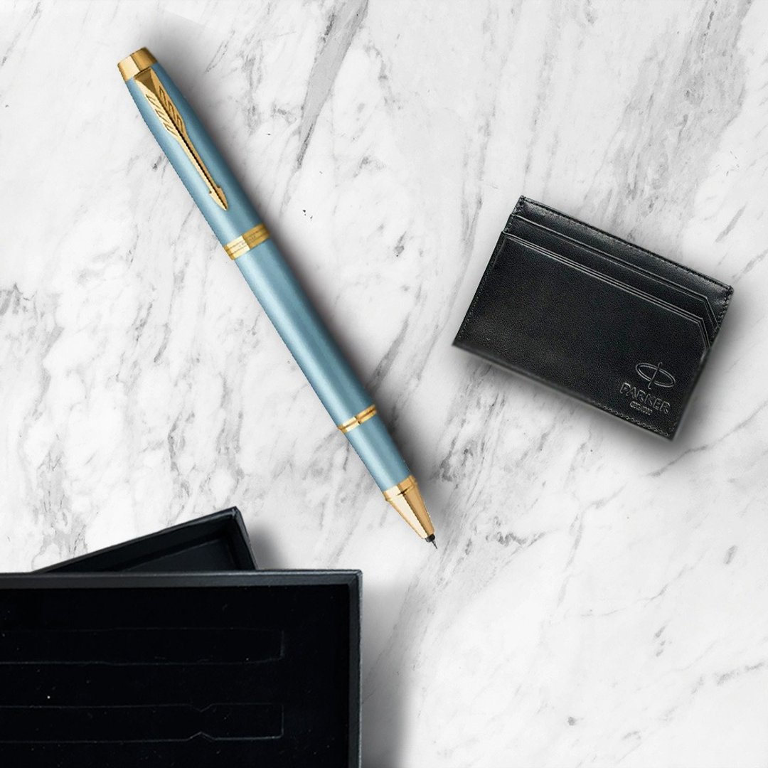 PARKER 派克 新IM系列 水漾蓝 钢珠笔 牛皮卡夹礼盒 免费刻字 - 钢珠笔 - 其他材质 蓝色
