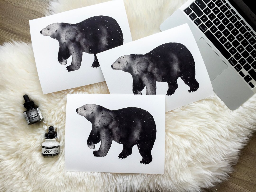 Bear in Ink 10x8 inches Watercolor Art Print - 海报/装饰画/版画 - 纸 