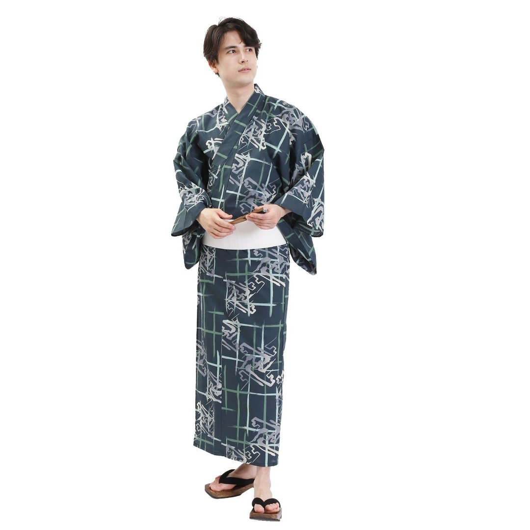 日本 和服 男士 绵 浴衣 腰封 2 件 套组  S M L Z32-04C - 其他 - 棉 蓝色