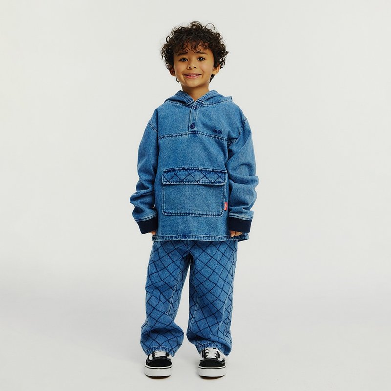 靛绗缝牛仔布套装 - 童装裤 - 棉．麻 