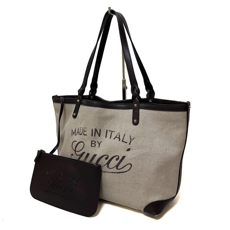 正品 GUCCI 古驰 托特包 Gucci Craft 标志 帆布 皮革 米色 棕色 247209 附小包 中古 - 手提包/手提袋 - 其他材质 
