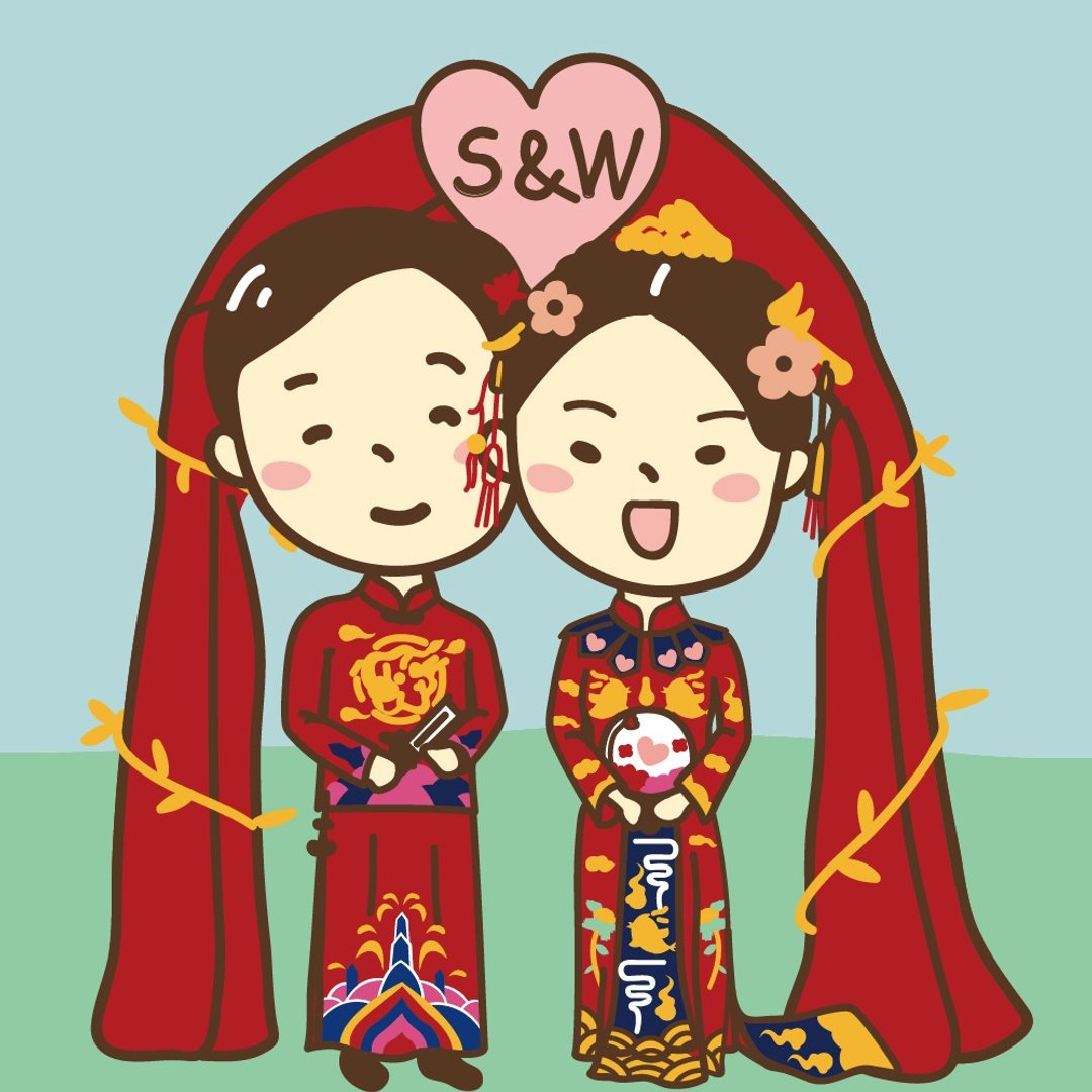 【定制化礼物】古典红色礼服 结婚Q版数字油画 婚纱画 - 订制画像 - 棉 红色
