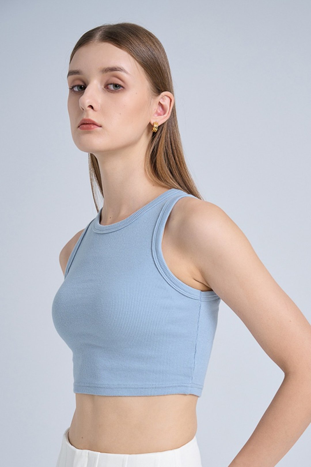 Classic Ribbed Crop Top - Blue | 包覆罗纹削肩背心 - 蓝 - 女装背心 - 棉 蓝色